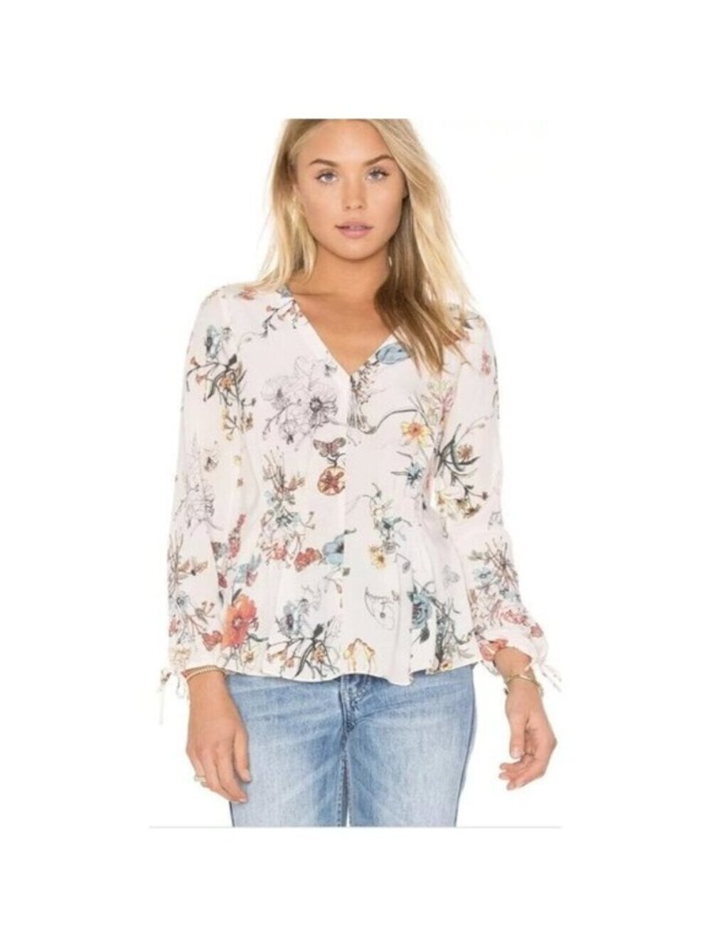 Rebecca Taylor Silk Floral Print Meadow Blouse Size 0 V-Neck Long Sleeve Womens